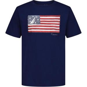 Nautica Boys’ Short Sleeve Graphic Crew Neck T-Shirt, Soft, Comfortable, Relaxed Fit(American Flag Blueprint)