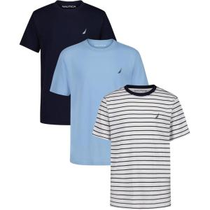 Nautica Boys’ Short Sleeve Solid Crew Neck T-Shirt Multipack, Soft, Comfortable, Relaxed Fit(Navy Seas Stripe/Navy Solid/Blue Bell)