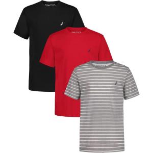 Nautica Boys’ Short Sleeve Solid Crew Neck T-Shirt Multipack, Soft, Comfortable, Relaxed Fit(Steeple Grey Stripe/Carmine/Black)
