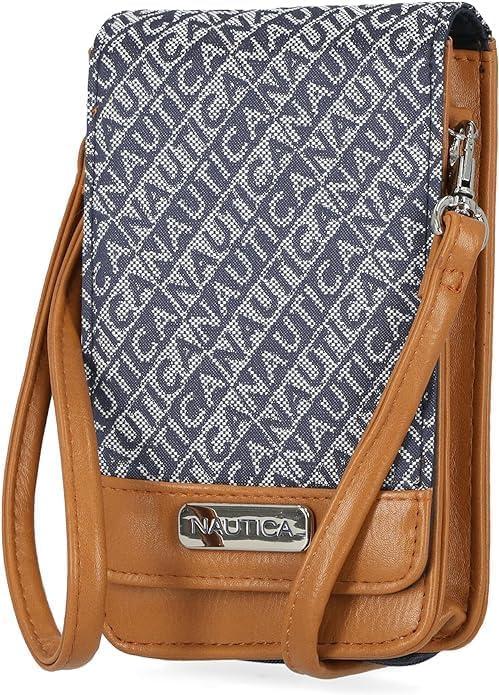 imageNautica Catalina RFID Womens Crossbody Bag Vegan Leather Compact Cell Phone Shoulder Travel Purse HolderIndigo Jacquard