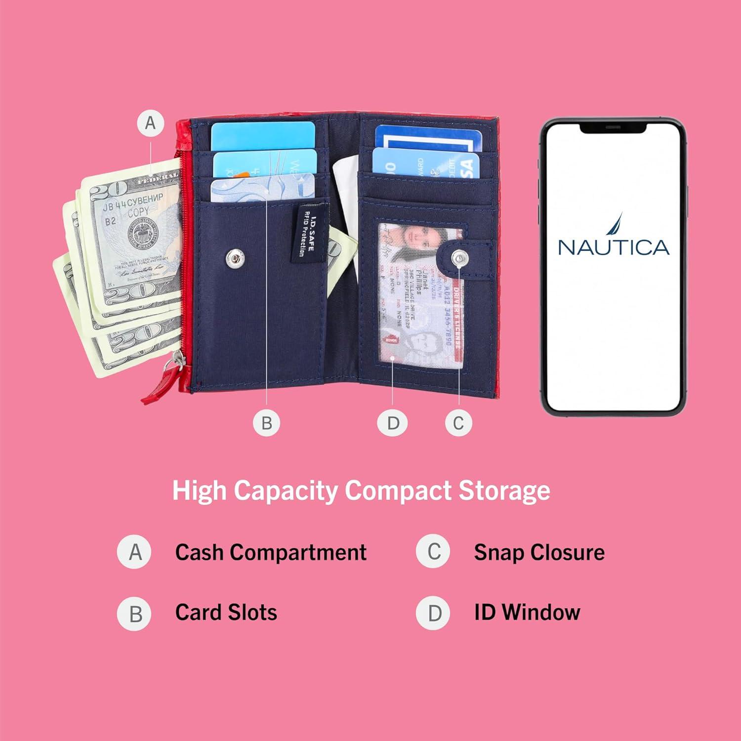 imageNautica High Tide Small Wallet for Women RFID Blocking Slim Credit Card Holder with Zipper Coin Pocket Bifold Compact Wallet with ID Window Red PrintedAmericana