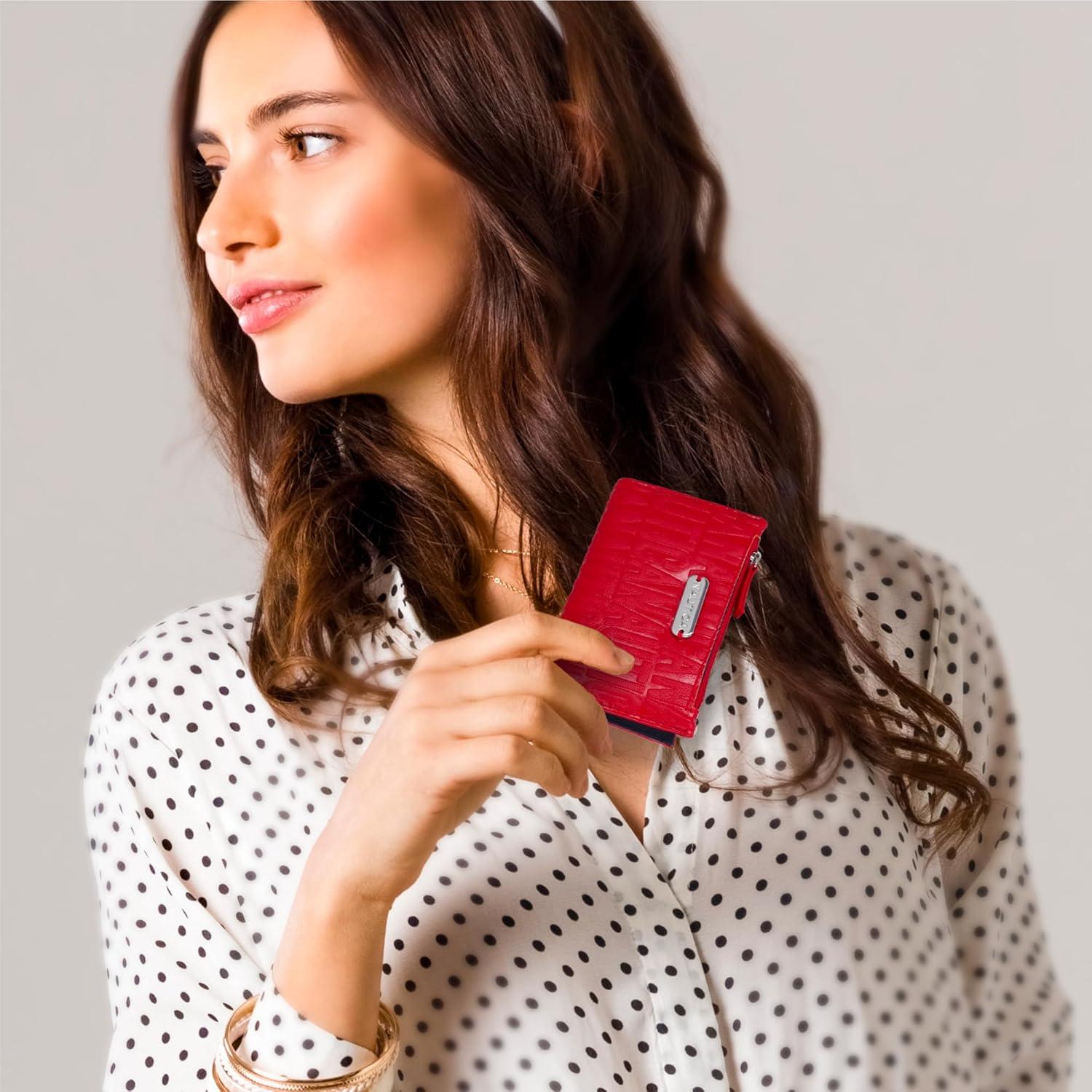 imageNautica High Tide Small Wallet for Women RFID Blocking Slim Credit Card Holder with Zipper Coin Pocket Bifold Compact Wallet with ID Window Red PrintedRed Printed