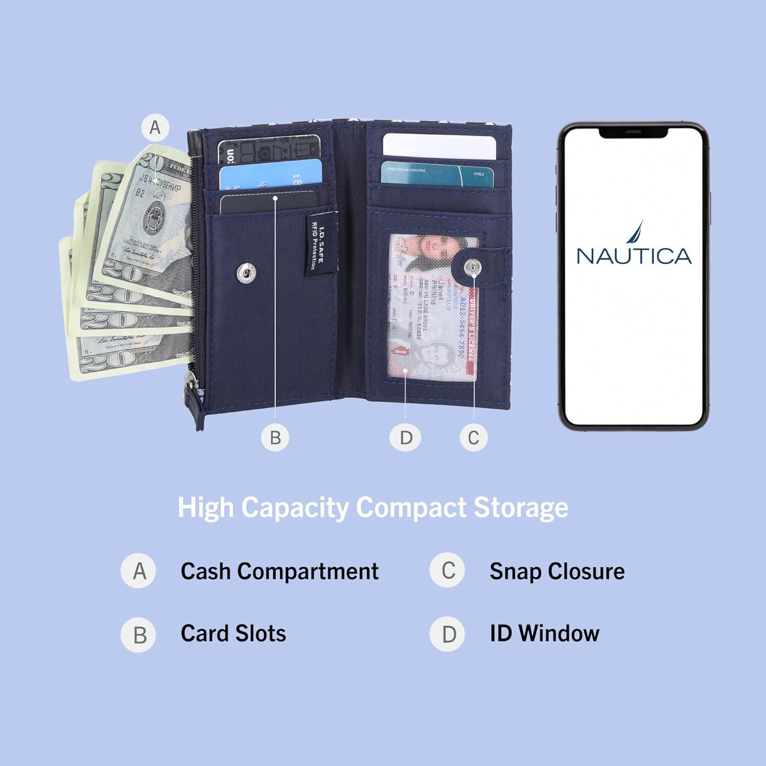 imageNautica High Tide Small Wallet for Women RFID Blocking Slim Credit Card Holder with Zipper Coin Pocket Bifold Compact Wallet with ID Window Red PrintedGlacial Blue