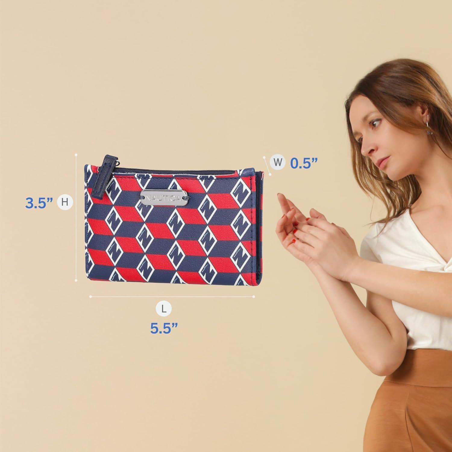 imageNautica High Tide Small Wallet for Women RFID Blocking Slim Credit Card Holder with Zipper Coin Pocket Bifold Compact Wallet with ID Window Red PrintedFuego Red