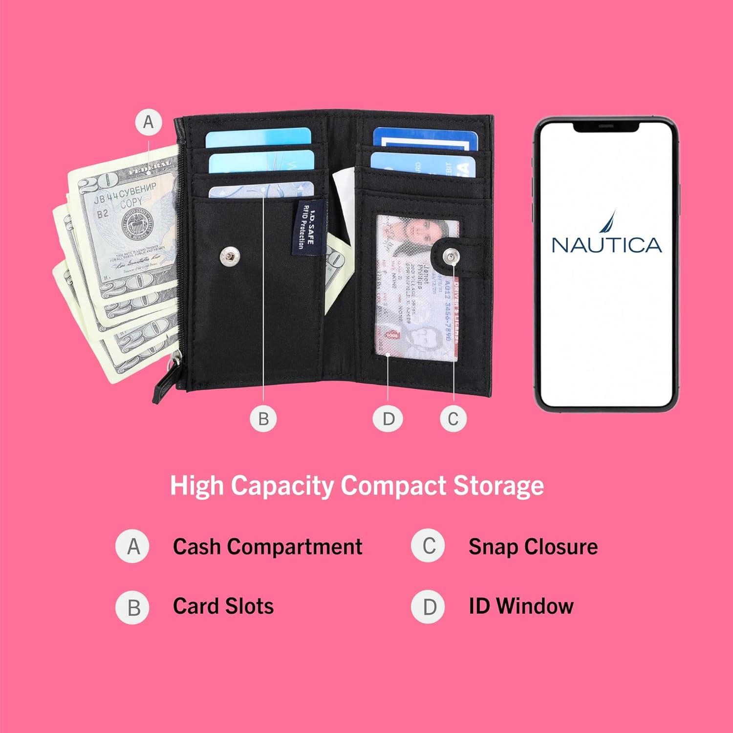 imageNautica High Tide Small Wallet for Women RFID Blocking Slim Credit Card Holder with Zipper Coin Pocket Bifold Compact Wallet with ID Window Red PrintedBlack Printed