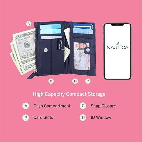 imageNautica High Tide Small Wallet for Women RFID Blocking Slim Credit Card Holder with Zipper Coin Pocket Bifold Compact Wallet with ID Window Red PrintedFuego Red