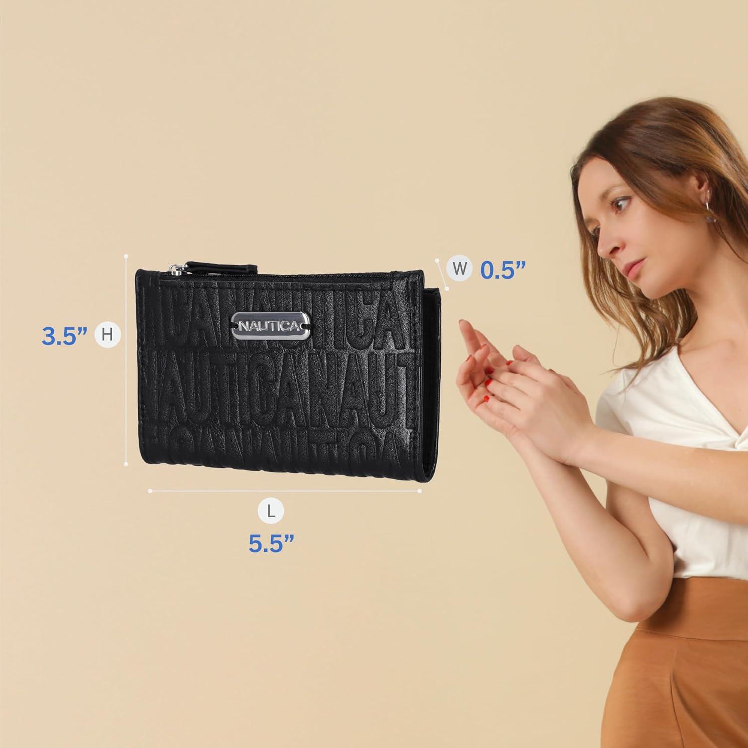 imageNautica High Tide Small Wallet for Women RFID Blocking Slim Credit Card Holder with Zipper Coin Pocket Bifold Compact Wallet with ID Window Red PrintedBlack Printed