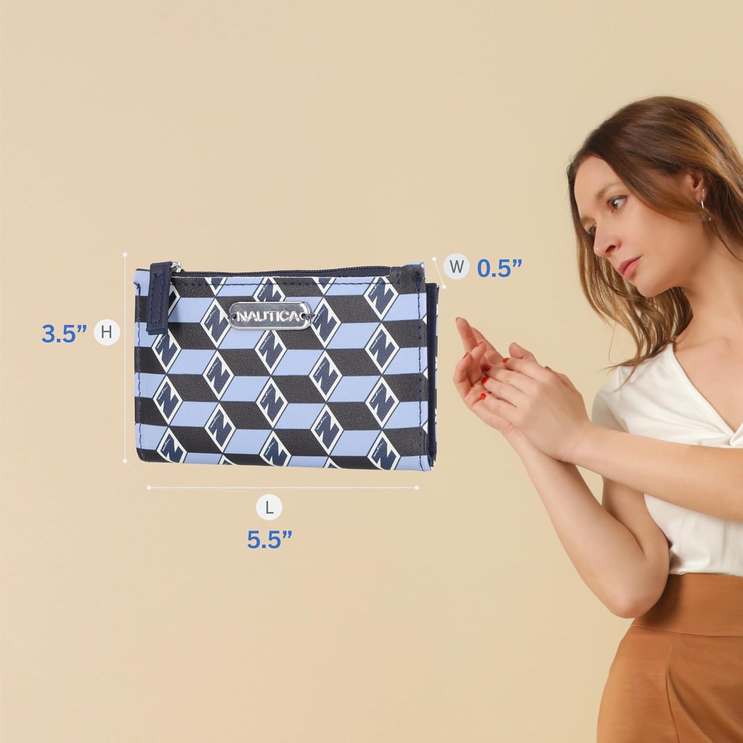 imageNautica High Tide Small Wallet for Women RFID Blocking Slim Credit Card Holder with Zipper Coin Pocket Bifold Compact Wallet with ID Window Red PrintedGlacial Blue