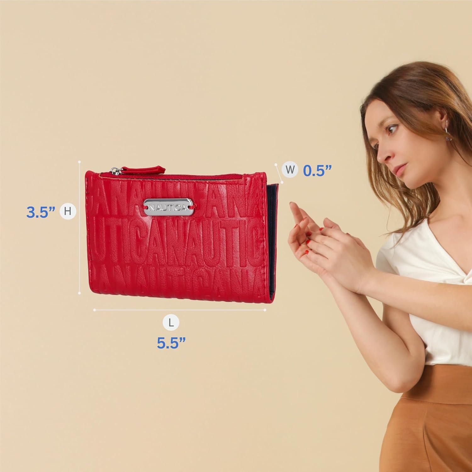 imageNautica High Tide Small Wallet for Women RFID Blocking Slim Credit Card Holder with Zipper Coin Pocket Bifold Compact Wallet with ID Window Red PrintedRed Printed