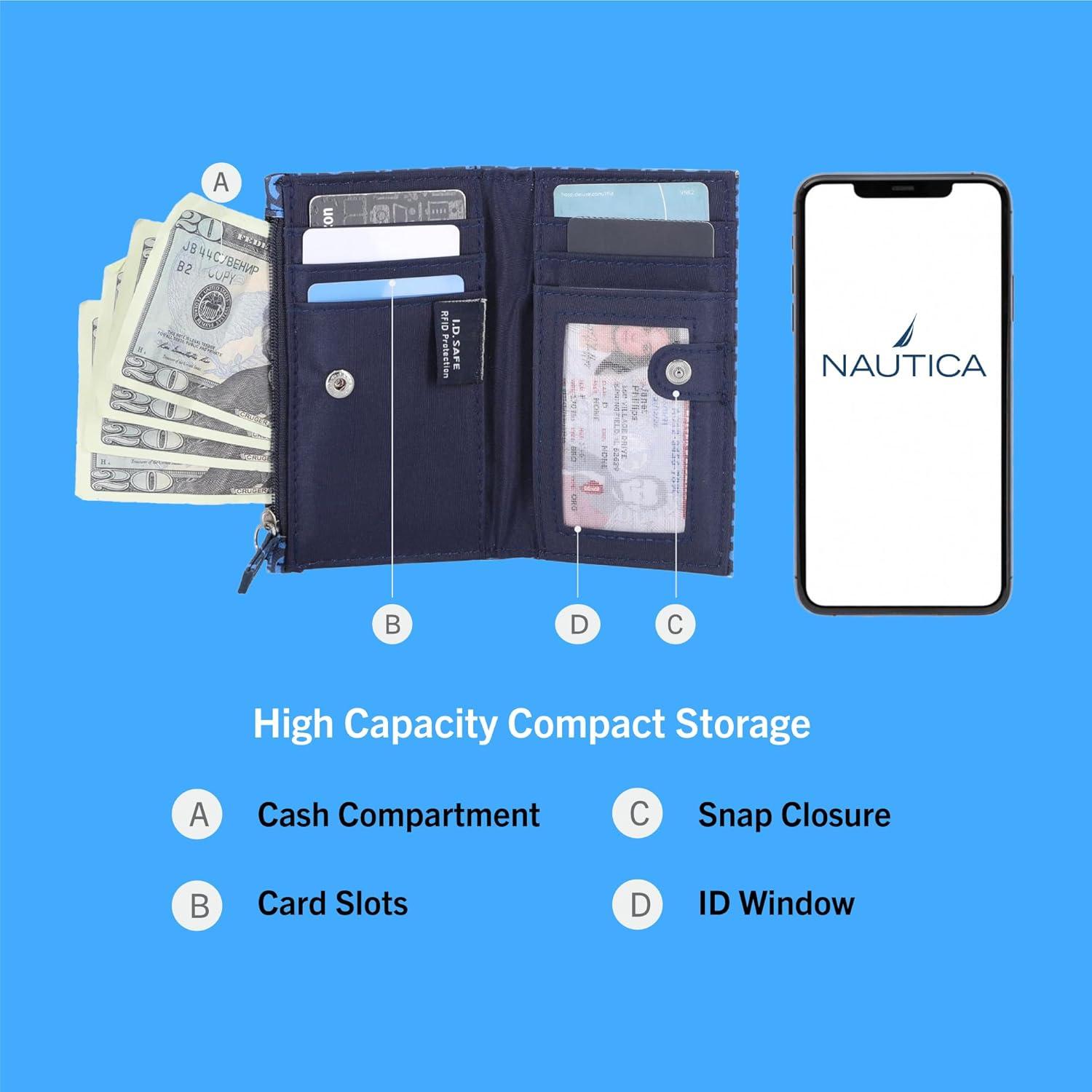 imageNautica High Tide Small Wallet for Women RFID Blocking Slim Credit Card Holder with Zipper Coin Pocket Bifold Compact Wallet with ID Window Red PrintedAmericana Logo