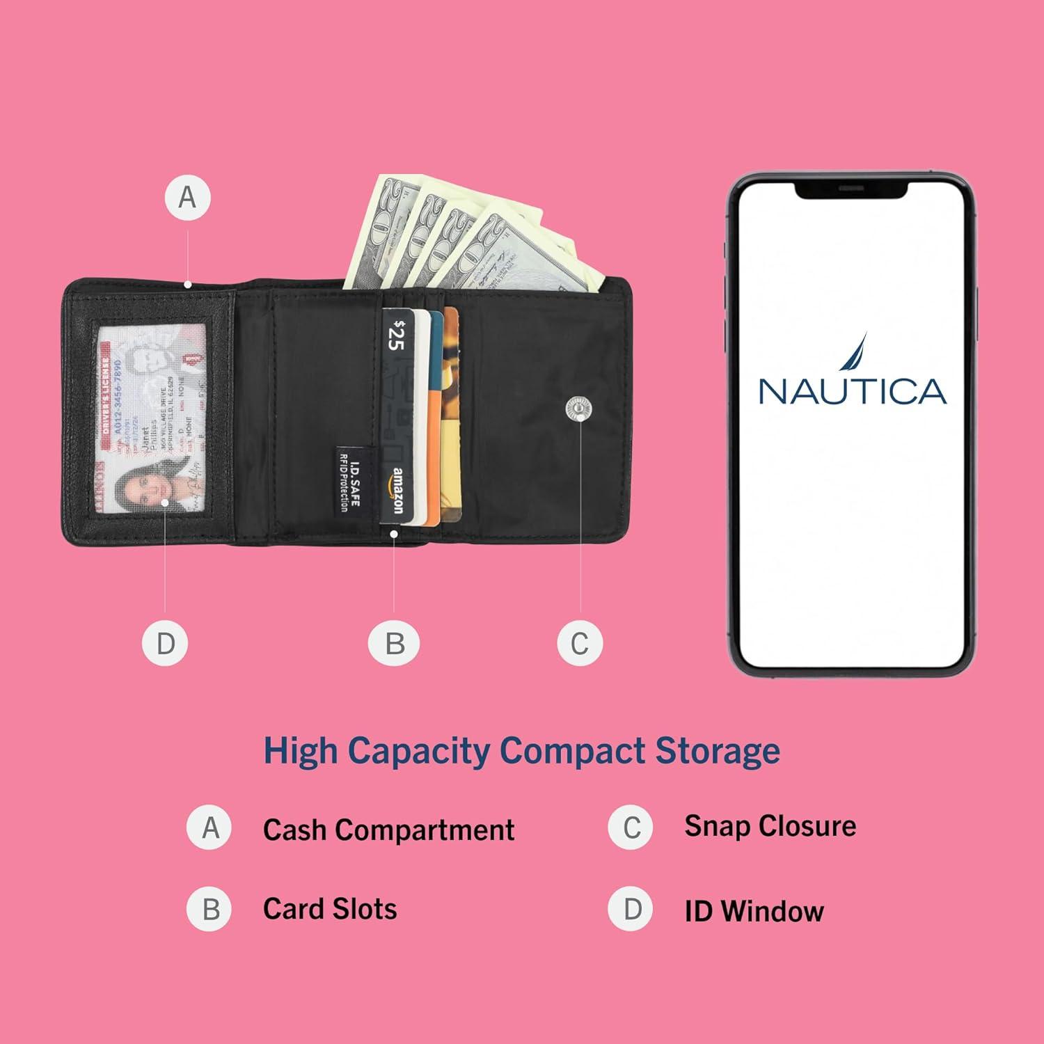 imageNautica Rowers End Small Wallet for Women RFID Blocking Slim Credit Card Holder with Zipper Coin Pocket Bifold Compact Womens Wallet with ID Window in Red LogoGreen Racing Stripe