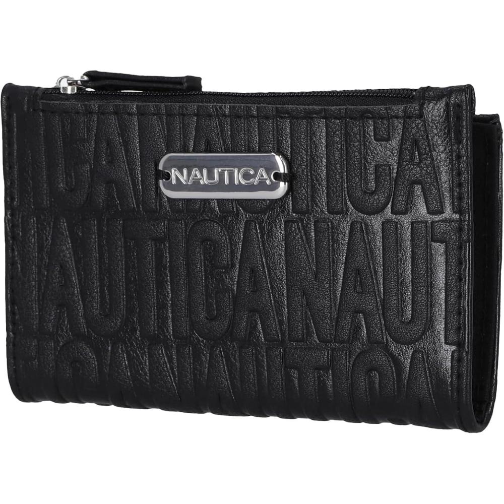 imageNautica High Tide Small Wallet for Women RFID Blocking Slim Credit Card Holder with Zipper Coin Pocket Bifold Compact Wallet with ID Window Red PrintedBlack Printed