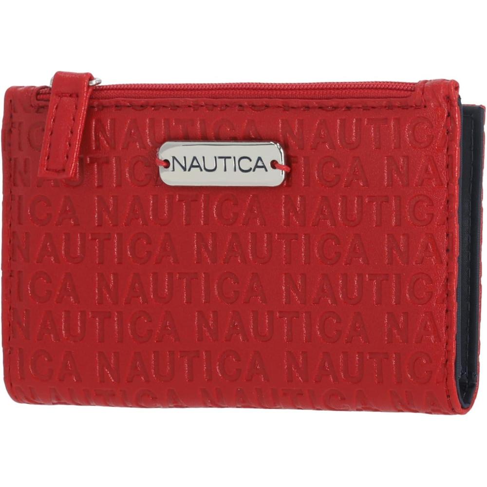 imageNautica High Tide Small Wallet for Women RFID Blocking Slim Credit Card Holder with Zipper Coin Pocket Bifold Compact Wallet with ID Window Red PrintedFuego Red