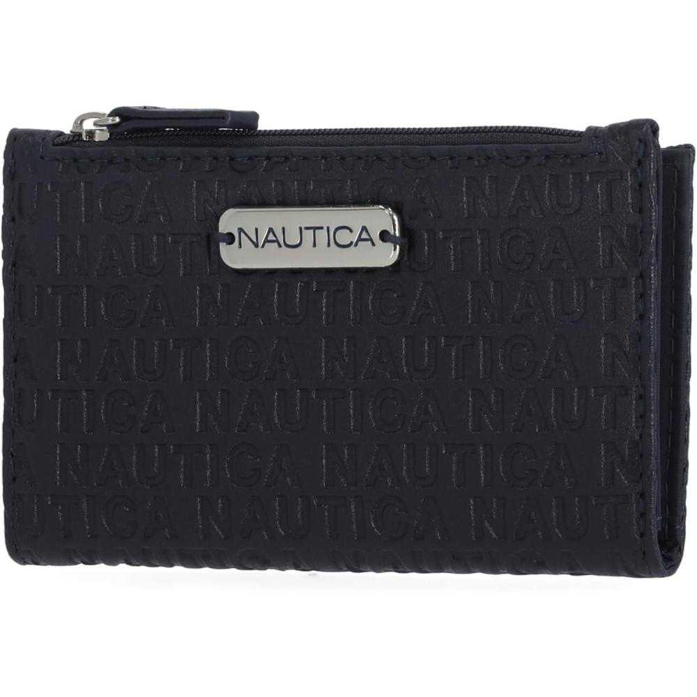 imageNautica High Tide Small Wallet for Women RFID Blocking Slim Credit Card Holder with Zipper Coin Pocket Bifold Compact Wallet with ID Window Red PrintedIndigo