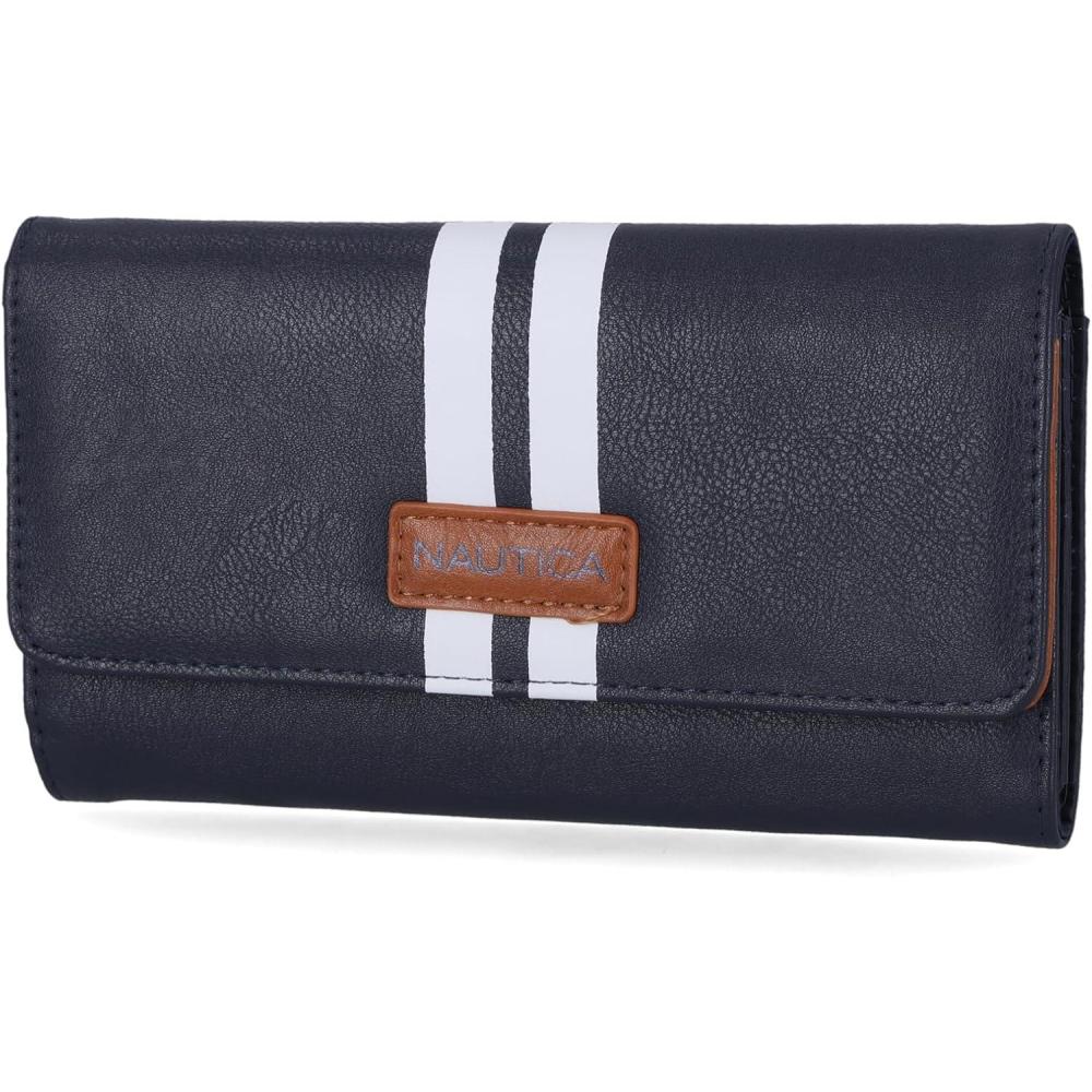 imageNautica Money Manager RFID Slim and Small Wallet for Women Credit Card Holder with Coin Purse and Zipper Wallet Womens Clutch OrganizerIndigo Racing Stripe