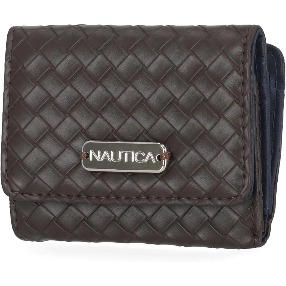 imageNautica Rowers End Small Wallet for Women RFID Blocking Slim Credit Card Holder with Zipper Coin Pocket Bifold Compact Womens Wallet with ID Window in Red LogoWoven Espresso