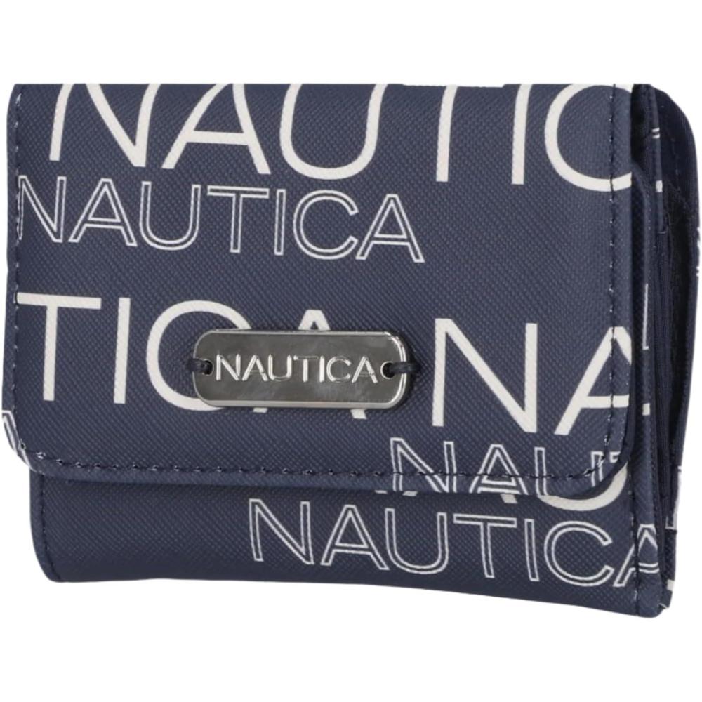imageNautica Rowers End Small Wallet for Women RFID Blocking Slim Credit Card Holder with Zipper Coin Pocket Bifold Compact Womens Wallet with ID Window in Red LogoWave Dreamer IndigoChalk