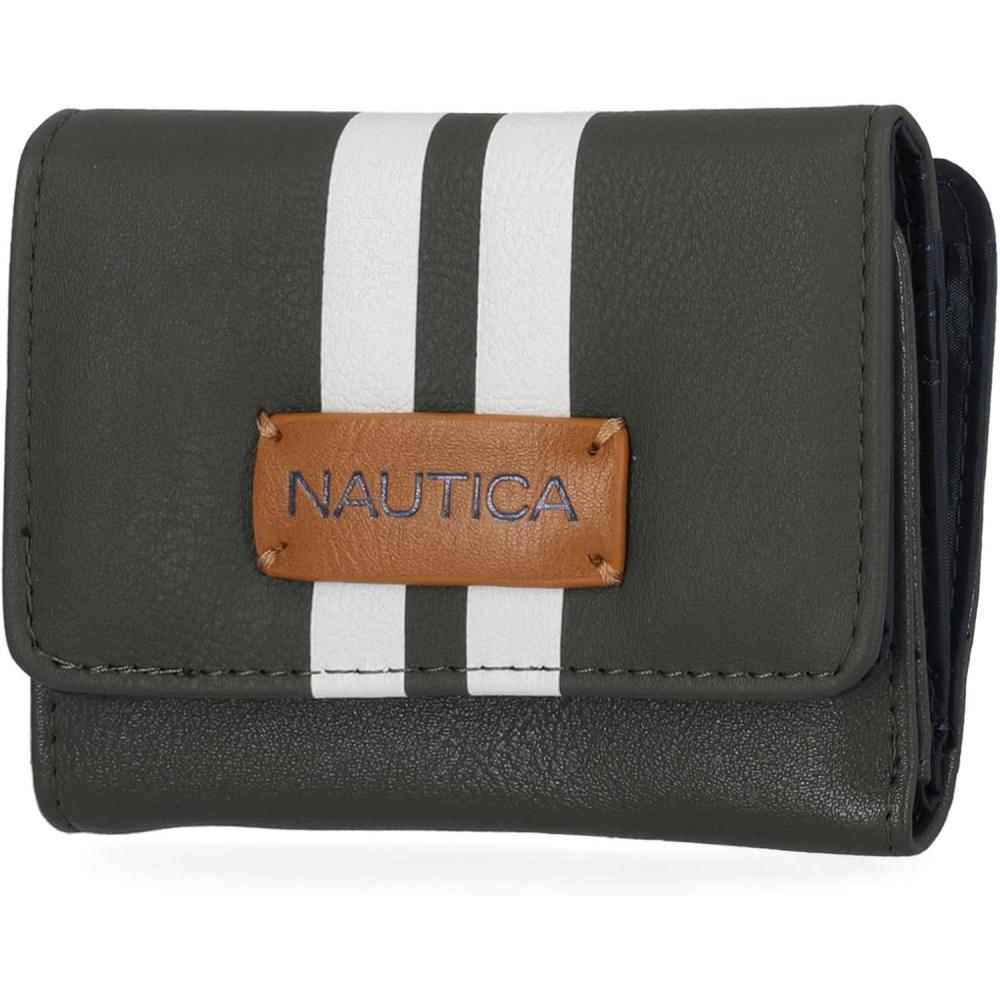 imageNautica Rowers End Small Wallet for Women RFID Blocking Slim Credit Card Holder with Zipper Coin Pocket Bifold Compact Womens Wallet with ID Window in Red LogoGreen Racing Stripe