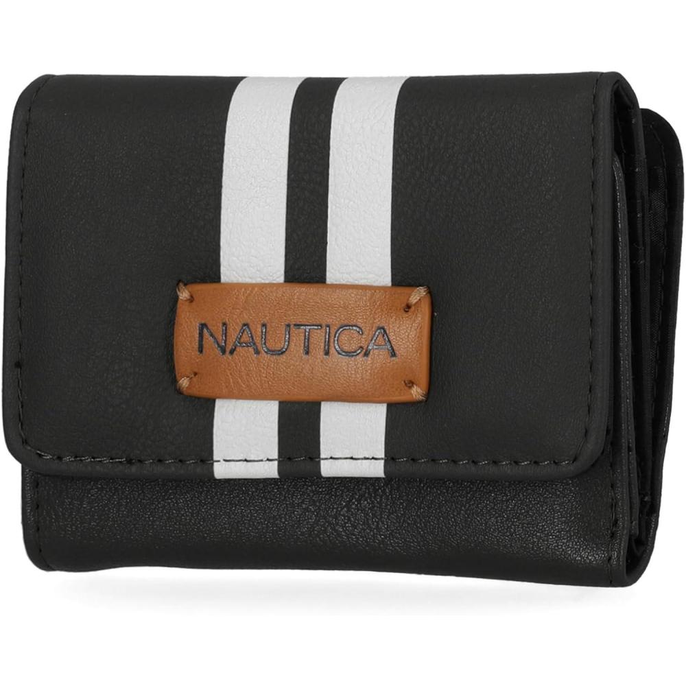 imageNautica Rowers End Small Wallet for Women RFID Blocking Slim Credit Card Holder with Zipper Coin Pocket Bifold Compact Womens Wallet with ID Window in Red LogoBlack Racing Stripe