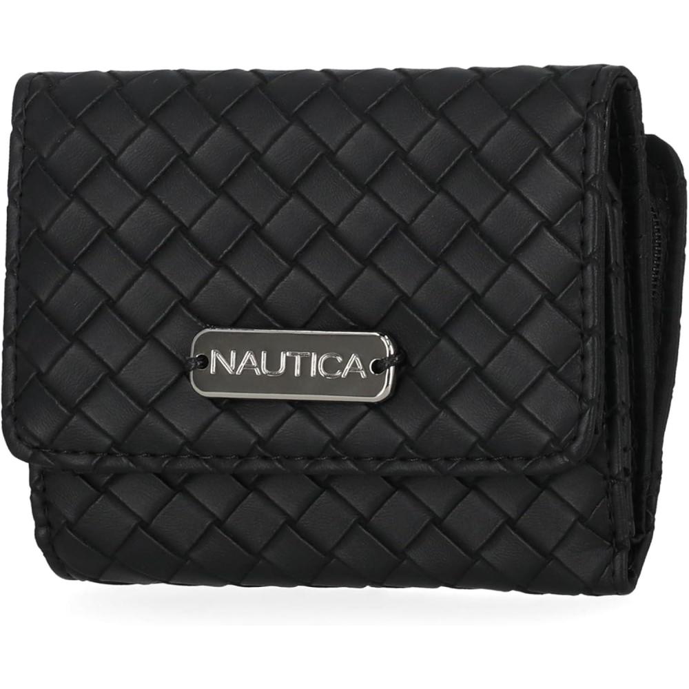 imageNautica Rowers End Small Wallet for Women RFID Blocking Slim Credit Card Holder with Zipper Coin Pocket Bifold Compact Womens Wallet with ID Window in Red LogoWoven Black