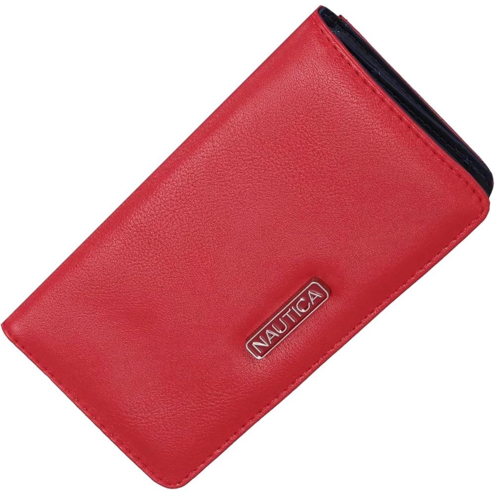 imageNautica Seaside Slim Womens Wallet RFID Blocking Credit Card Holder Coin Purse Checkbook Organizer Clutch Small Vegan Leather Wallet for Travel Espresso WovenRed