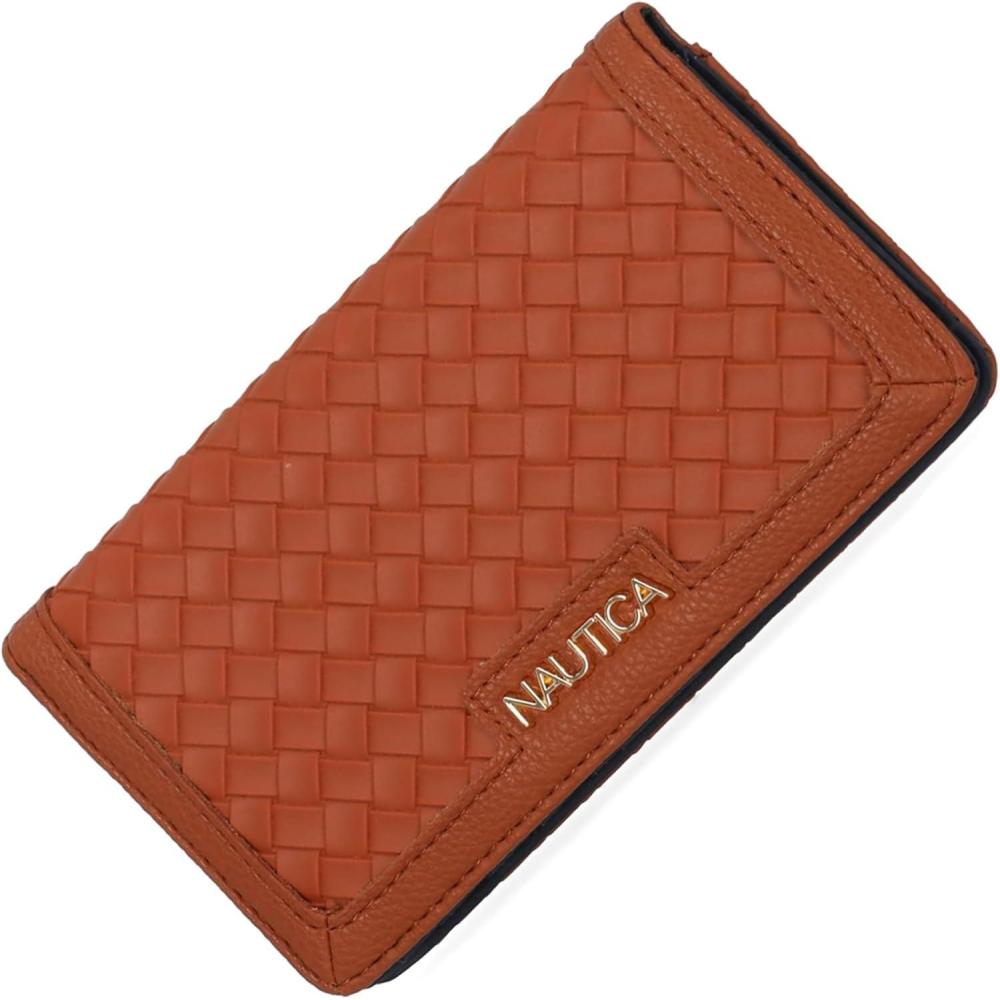 imageNautica Seaside Slim Womens Wallet RFID Blocking Credit Card Holder Coin Purse Checkbook Organizer Clutch Small Vegan Leather Wallet for Travel Espresso WovenCognac Woven