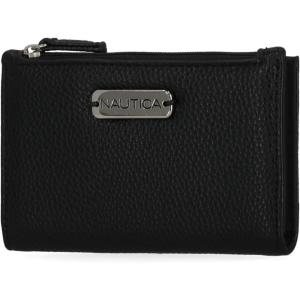 Nautica High Tide Small Wallet for Women, RFID Blocking Slim Credit Card Holder with Zipper Coin Pocket, Bifold Compact Wallet with ID Window, Red Printed(Black)
