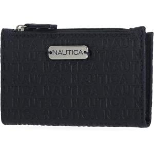Nautica High Tide Small Wallet for Women, RFID Blocking Slim Credit Card Holder with Zipper Coin Pocket, Bifold Compact Wallet with ID Window, Red Printed(Indigo)
