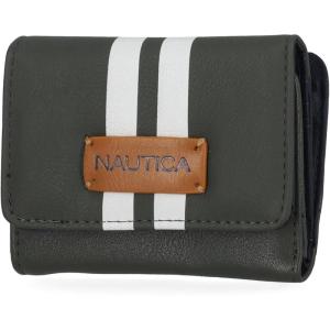 Nautica Rower’s End Small Wallet for Women, RFID Blocking Slim Credit Card Holder with Zipper Coin Pocket, Bifold Compact Womens Wallet with ID Window in Red Logo(Green (Racing Stripe))