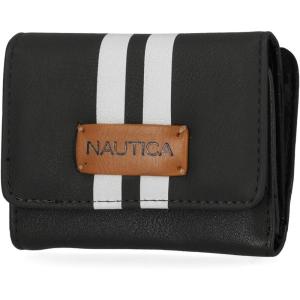 Nautica Rower’s End Small Wallet for Women, RFID Blocking Slim Credit Card Holder with Zipper Coin Pocket, Bifold Compact Womens Wallet with ID Window in Red Logo(Black (Racing Stripe))