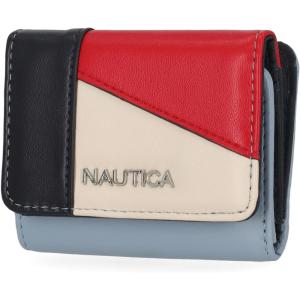 Nautica Rower’s End Small Wallet for Women, RFID Blocking Slim Credit Card Holder with Zipper Coin Pocket, Bifold Compact Womens Wallet with ID Window in Red Logo(Colorblock Blue)