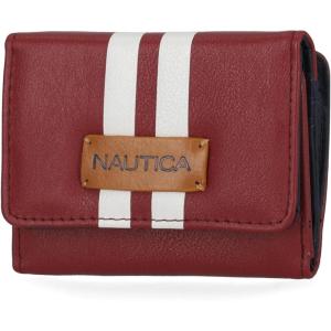 Nautica Rower’s End Small Wallet for Women, RFID Blocking Slim Credit Card Holder with Zipper Coin Pocket, Bifold Compact Womens Wallet with ID Window in Red Logo(Wine (Racing Stripe))