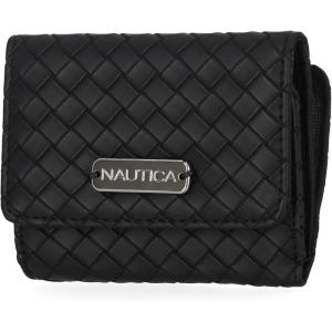 Nautica Rower’s End Small Wallet for Women, RFID Blocking Slim Credit Card Holder with Zipper Coin Pocket, Bifold Compact Womens Wallet with ID Window in Red Logo(Woven Black)