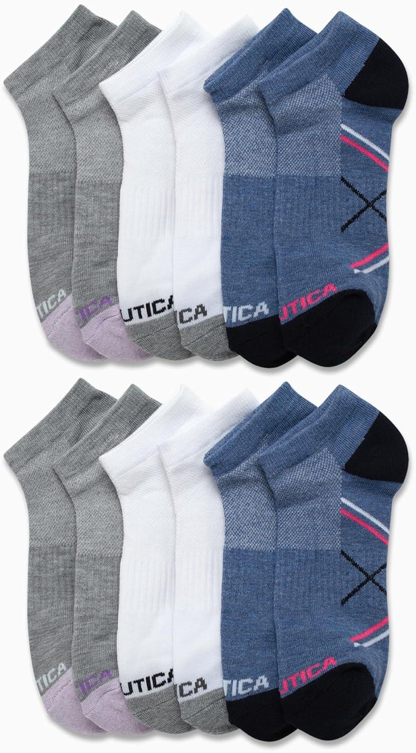 imageNautica Womens Low Cut Socks 12 Pack Moisture Wicking Cushioned Athletic No Show Socks for WomenBlueWhiteGrey