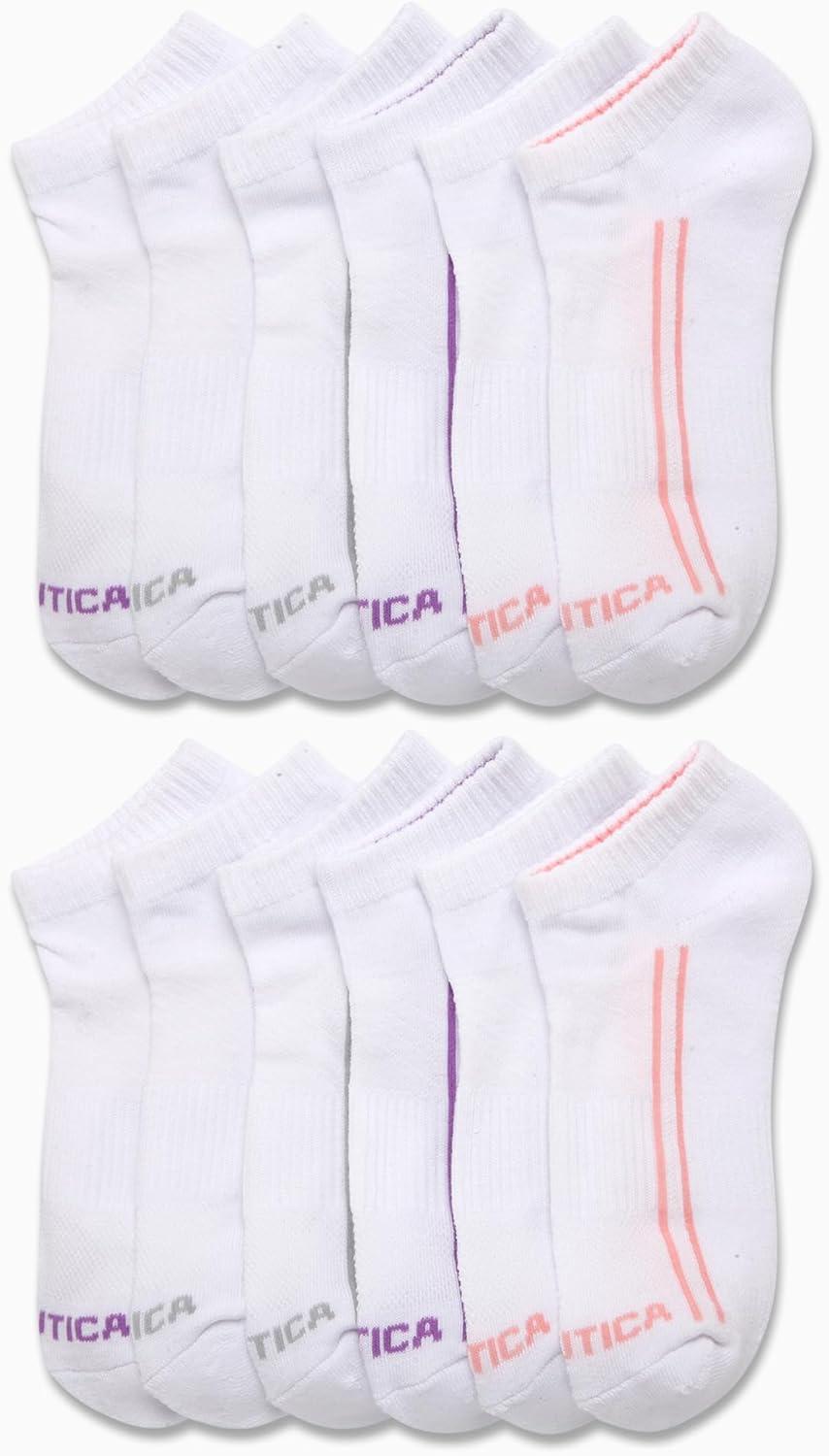 imageNautica Womens Low Cut Socks 12 Pack Moisture Wicking Cushioned Athletic No Show Socks for WomenWhite Stripe