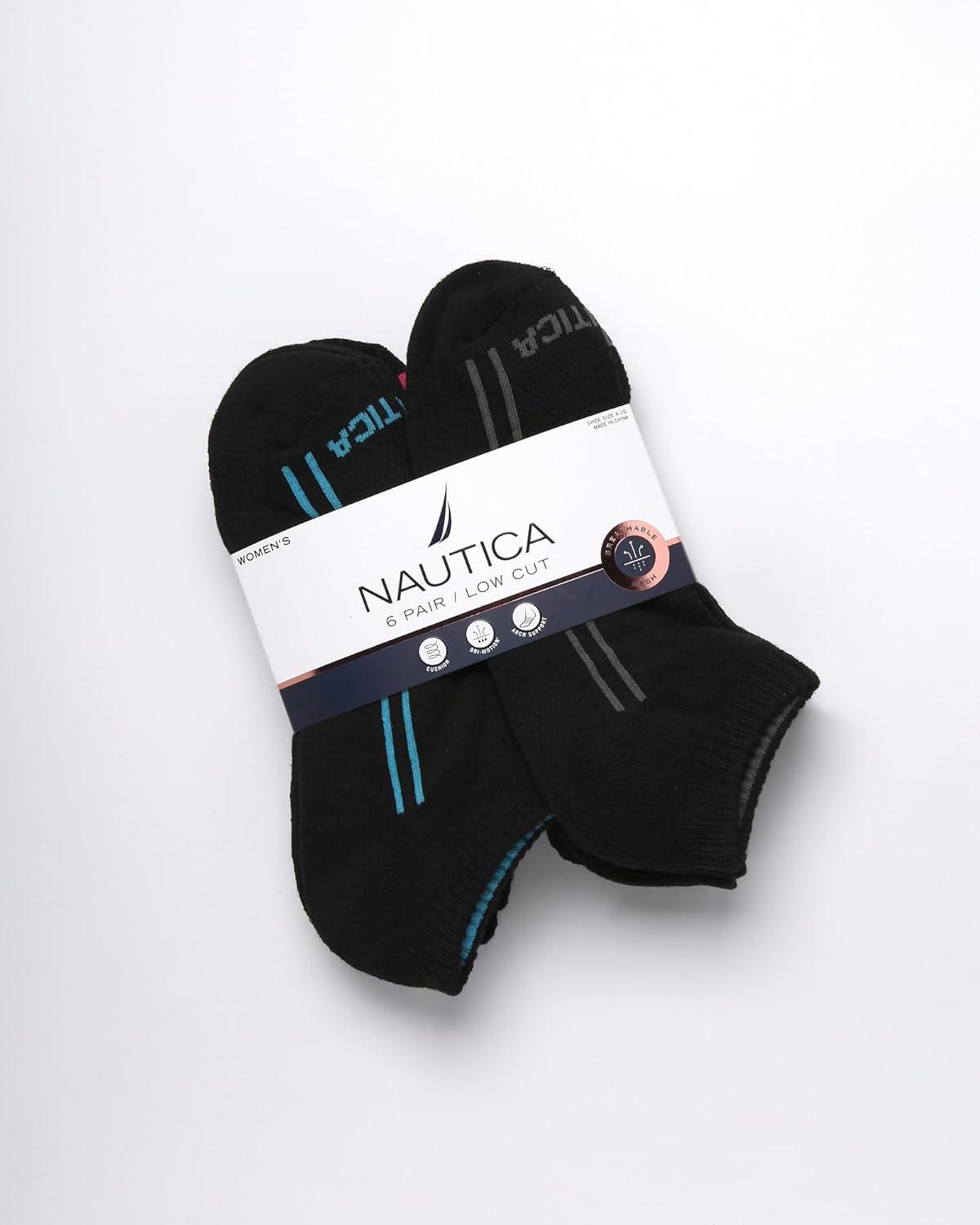imageNautica Womens Low Cut Socks 6 Pack Breathable Cushioned Athletic Performance No Show Socks for Women Sizes 410Black Lines