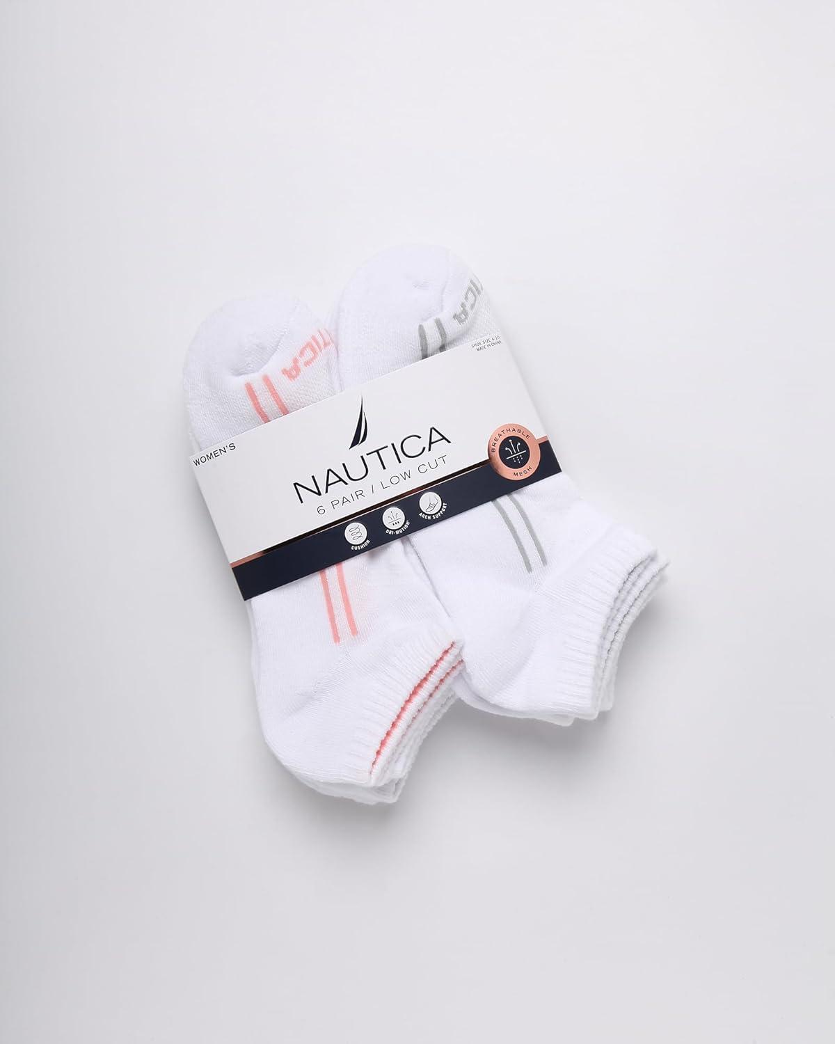 imageNautica Womens Low Cut Socks 6 Pack Breathable Cushioned Athletic Performance No Show Socks for Women Sizes 410White Stripe