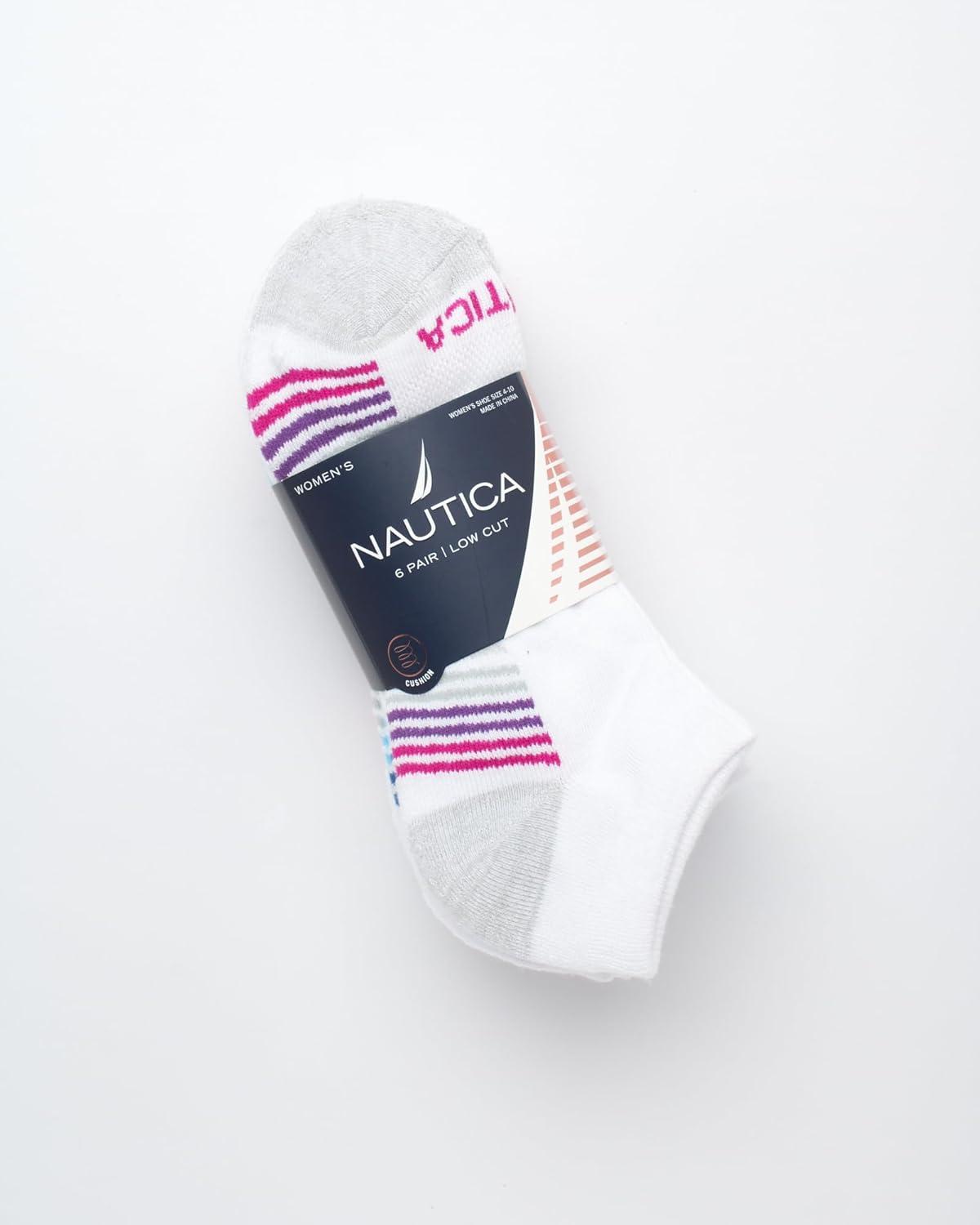 imageNautica Womens Low Cut Socks 6 Pack Breathable Cushioned Athletic Performance No Show Socks for Women Sizes 410WhiteGrey Stripe