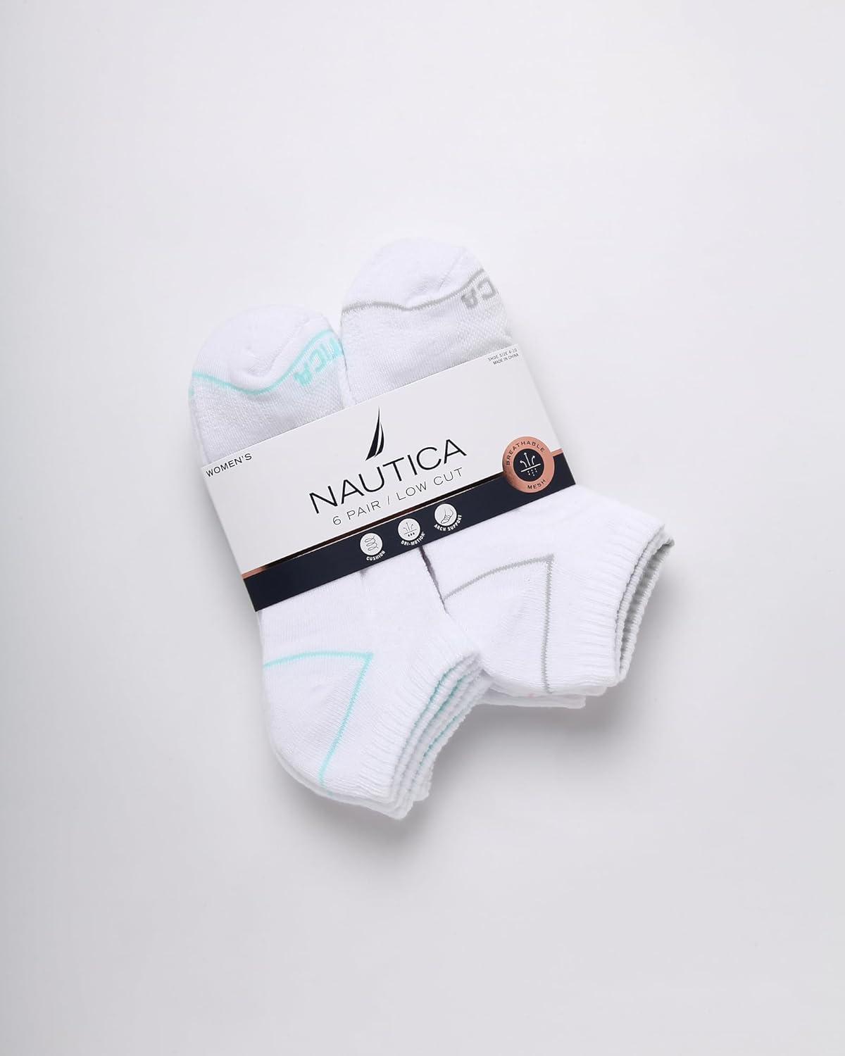 imageNautica Womens No Show Socks 6 Pack Breathable Cushioned Athletic Performance Low Cut Socks for Women Sizes 410White Logo