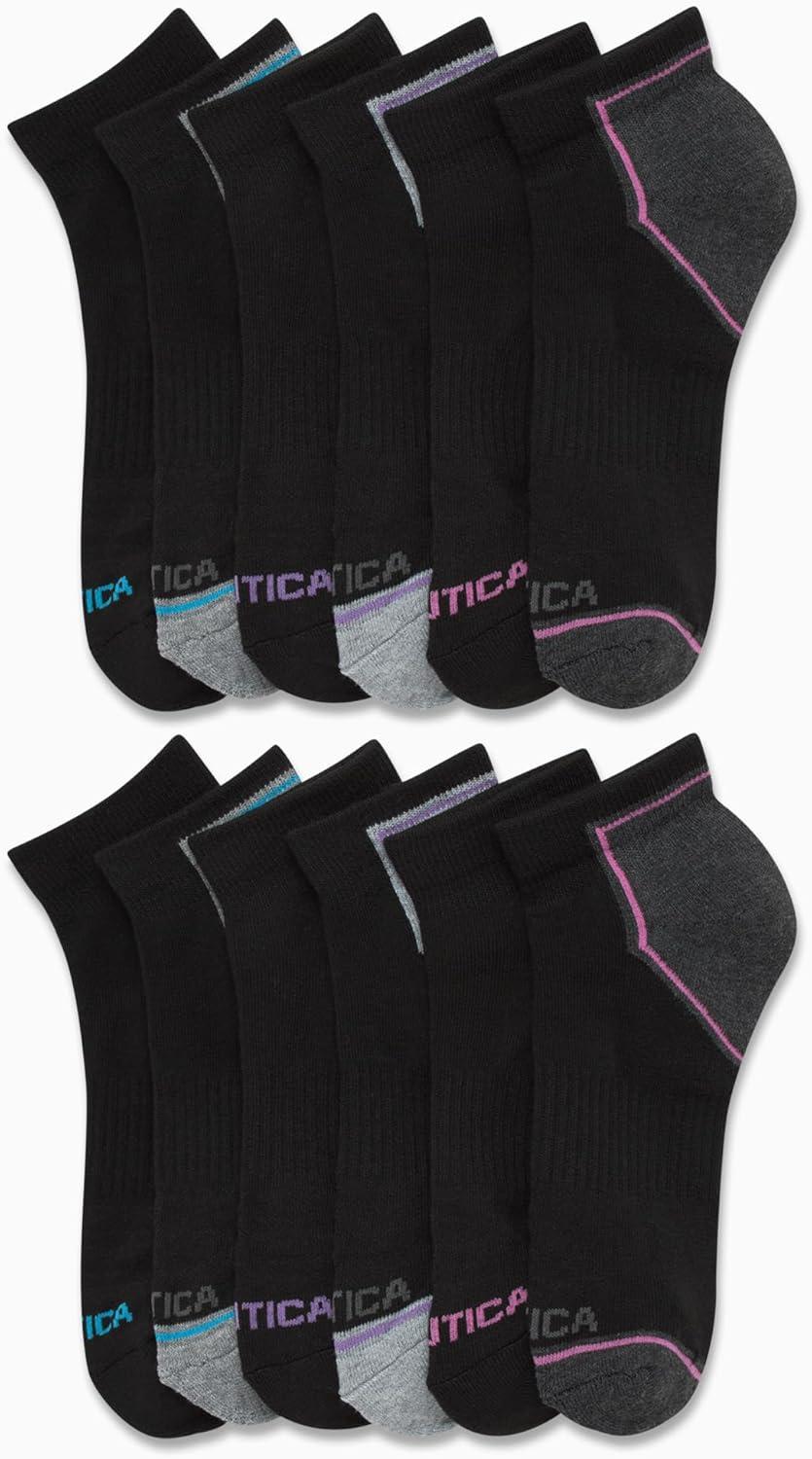 imageNautica Womens Quarter Cut Moisture Control Athletic Socks with Cushioned Comfort 12 PackBlack Multi