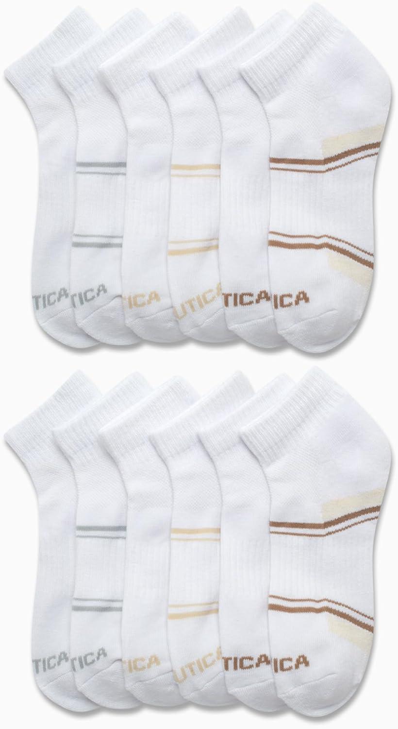 imageNautica Womens Quarter Cut Moisture Control Athletic Socks with Cushioned Comfort 12 PackWhite Stripe