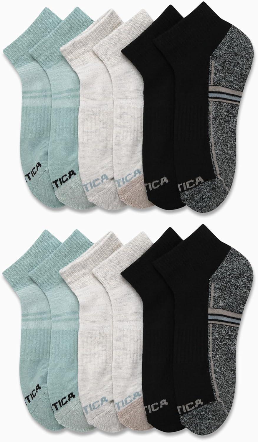 imageNautica Womens Quarter Socks 12 Pack Moisture Control Cushioned Athletic Socks for Women for Sport amp Gym Wear Size 410BlackOatmealGreen