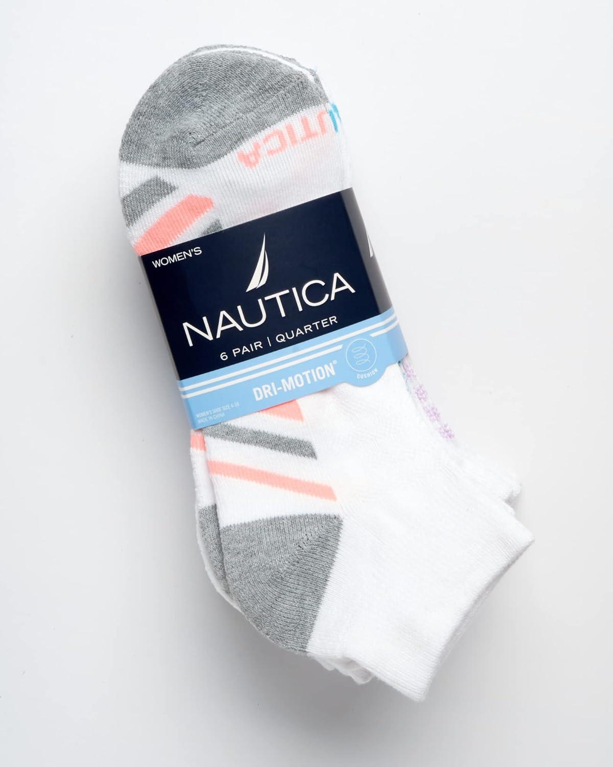 imageNautica Womens Quarter Socks 6 Pack Breathable Cushioned Athletic Performance Ankle Socks for Women Sizes 410White Stripe