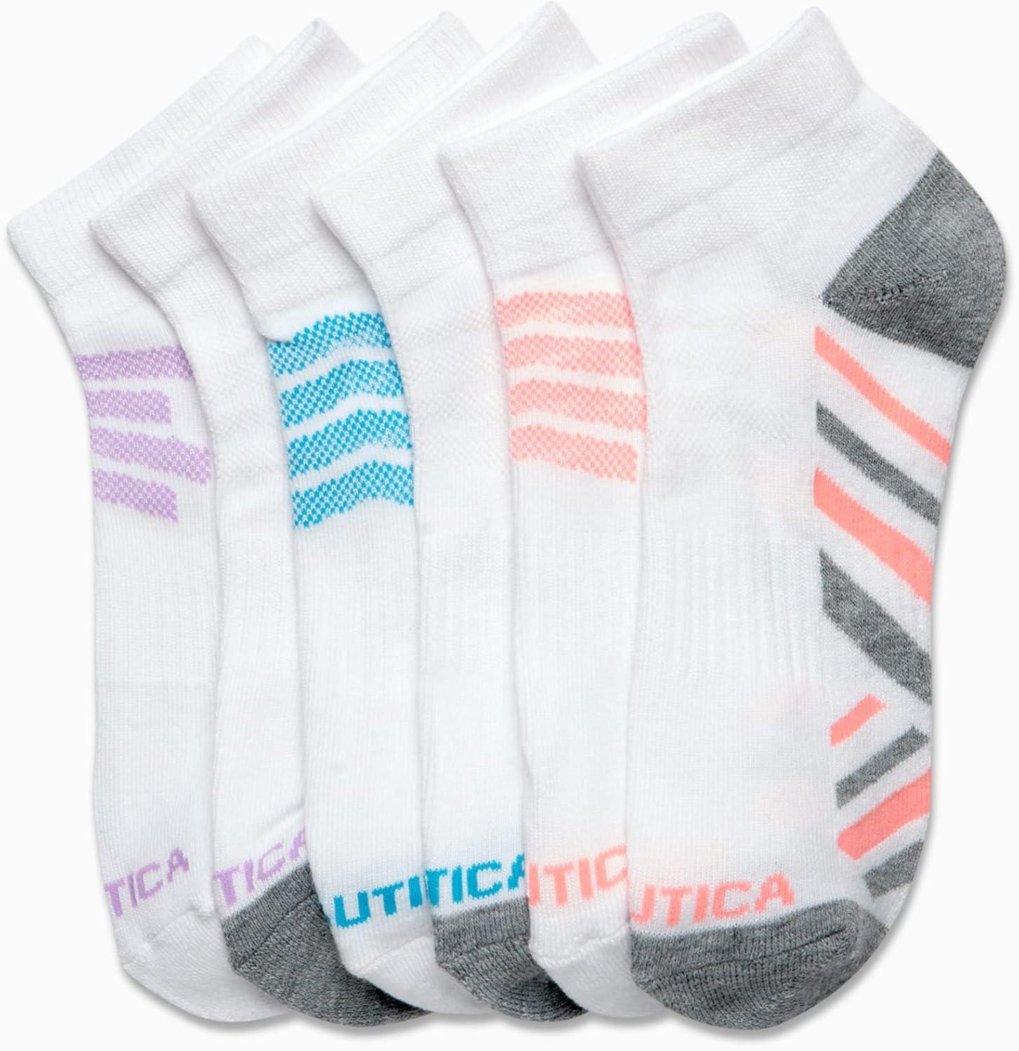 imageNautica Womens Quarter Socks 6 Pack Breathable Cushioned Athletic Performance Ankle Socks for Women Sizes 410White Stripe