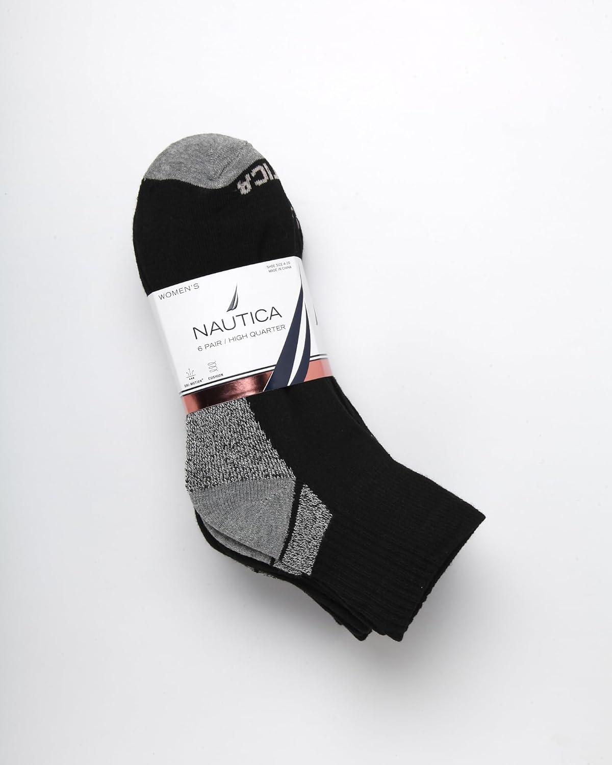 imageNautica Womens Quarter Socks 6 Pack Cushioned Moisture Wicking Athletic Socks for Women for Gym Running Sports 410All Black