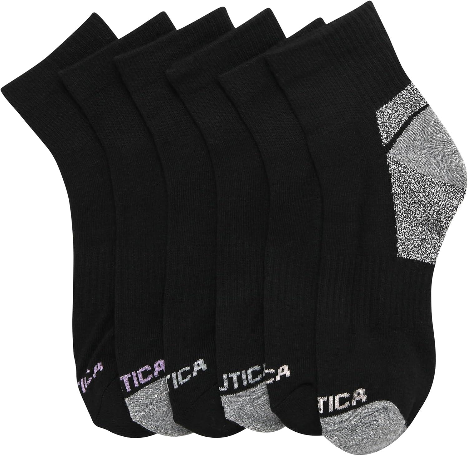 imageNautica Womens Quarter Socks 6 Pack Cushioned Moisture Wicking Athletic Socks for Women for Gym Running Sports 410All Black