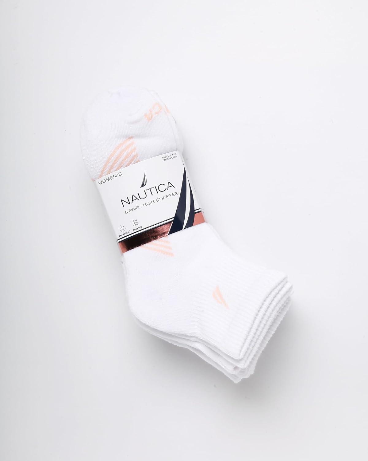 imageNautica Womens Quarter Socks 6 Pack Cushioned Moisture Wicking Athletic Socks for Women for Gym Running Sports 410All White