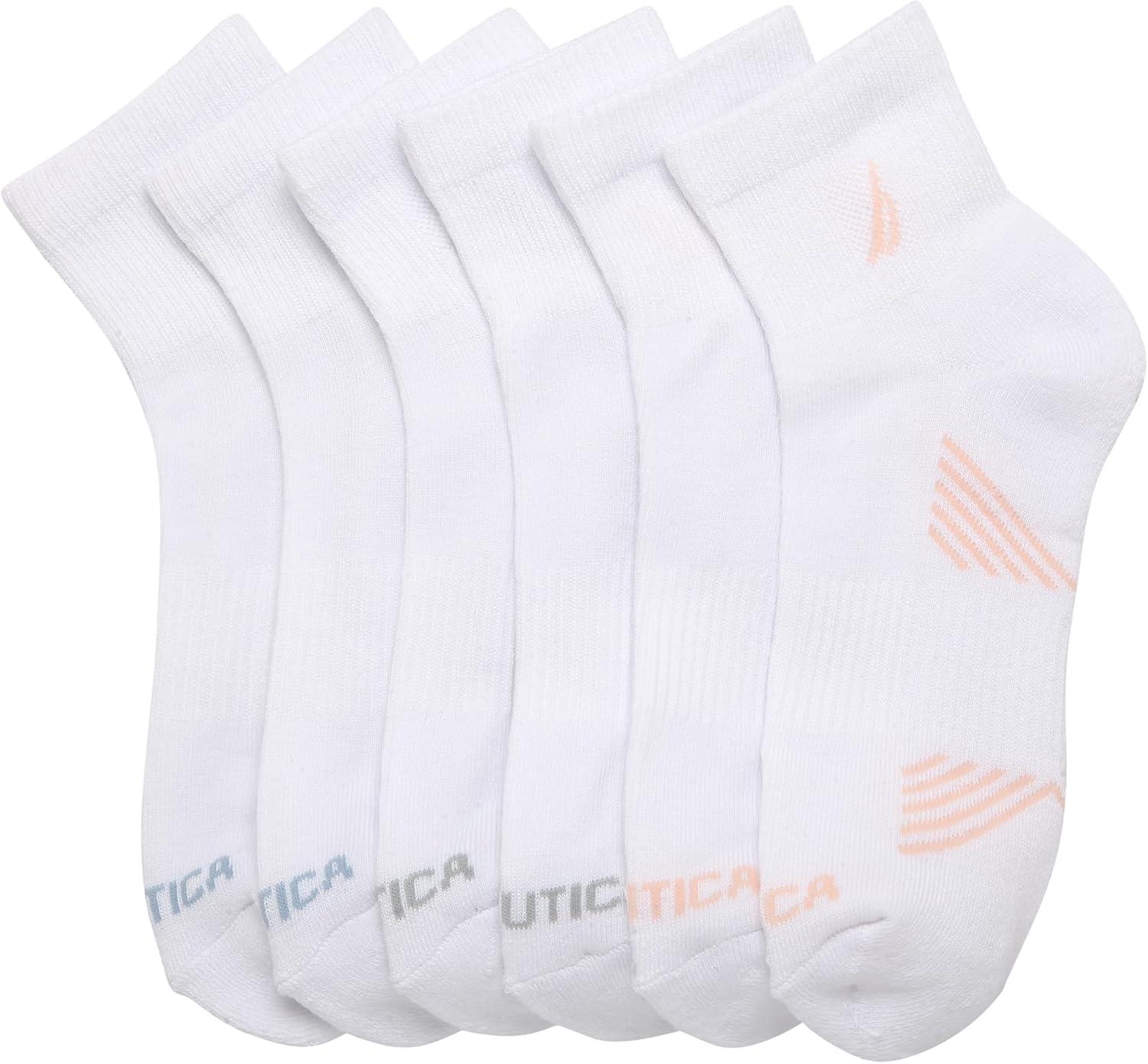 imageNautica Womens Quarter Socks 6 Pack Cushioned Moisture Wicking Athletic Socks for Women for Gym Running Sports 410All White