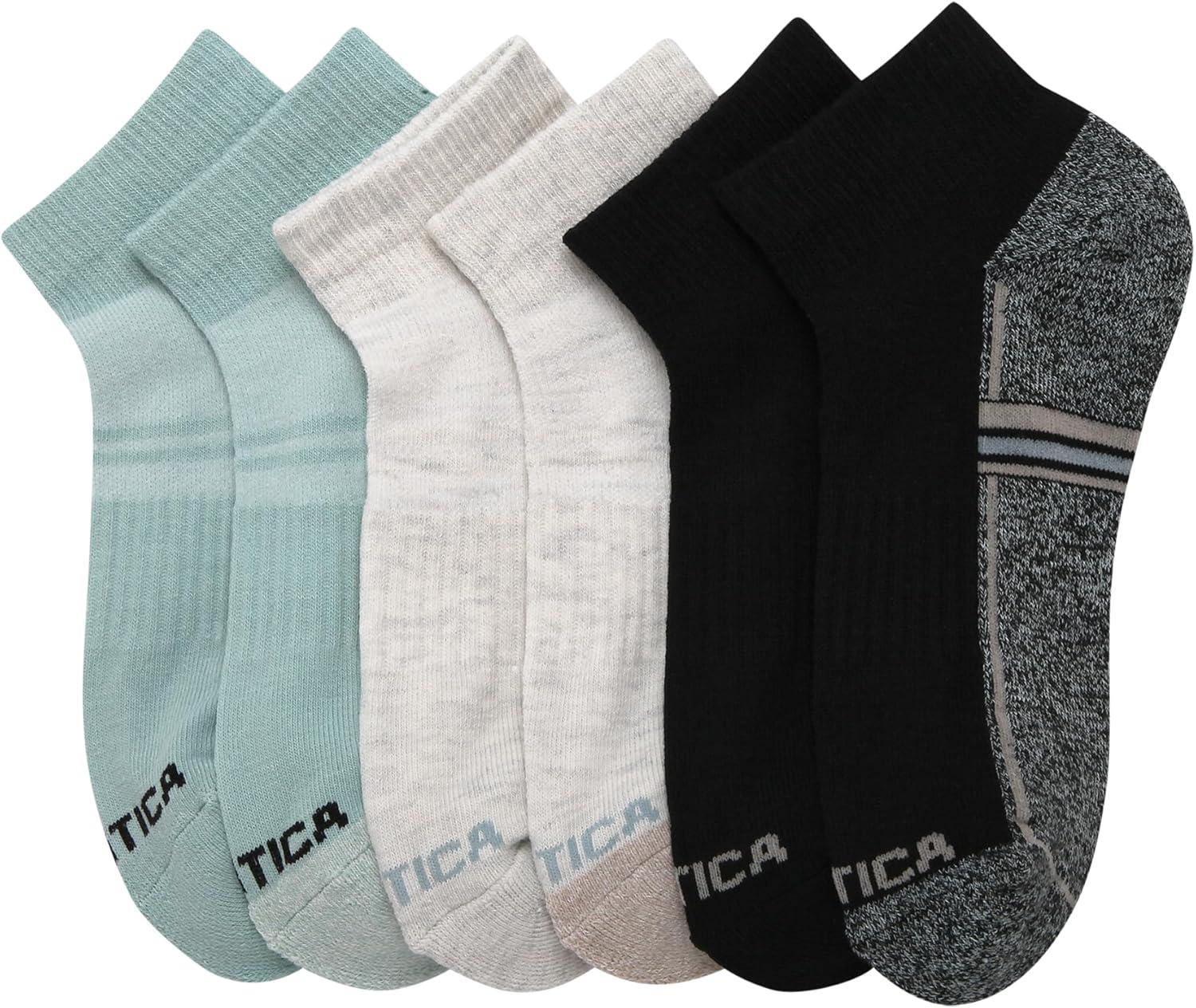 imageNautica Womens Quarter Socks 6 Pack Cushioned Moisture Wicking Breathable Womens Crew Socks for Running and WorkoutsBlackOatmealGreen