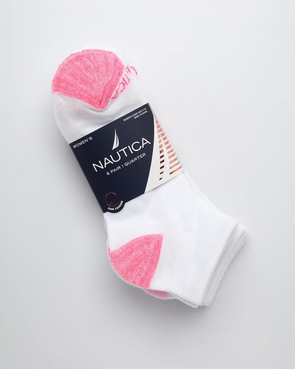 imageNautica Womens Quarter Socks 6 Pack Cushioned Moisture Wicking Breathable Womens Crew Socks for Running and WorkoutsWhite Pink